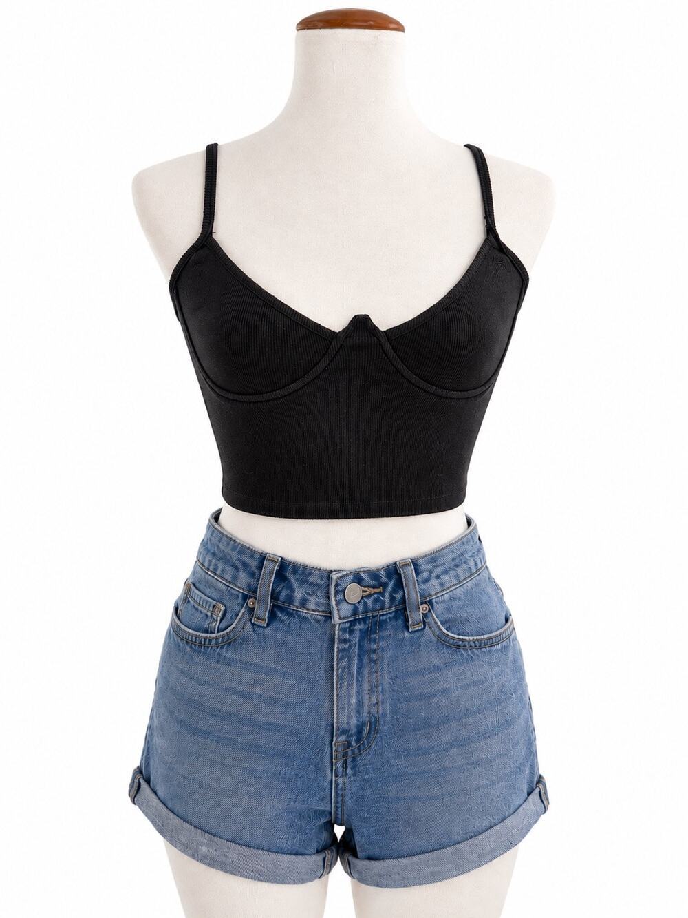 BasicBxxch Black Ribbed Faux Underwire Cropped Cami Tank Top Size Small